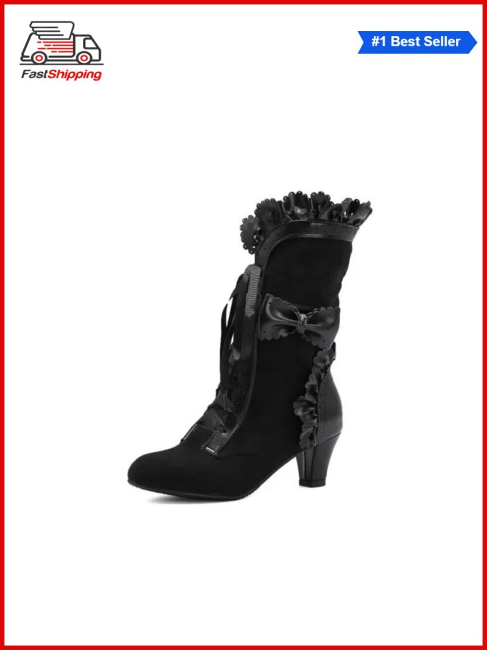 Women Victorian Lace Up Mid Calf Boots Bow Knot Cosplay Gothic